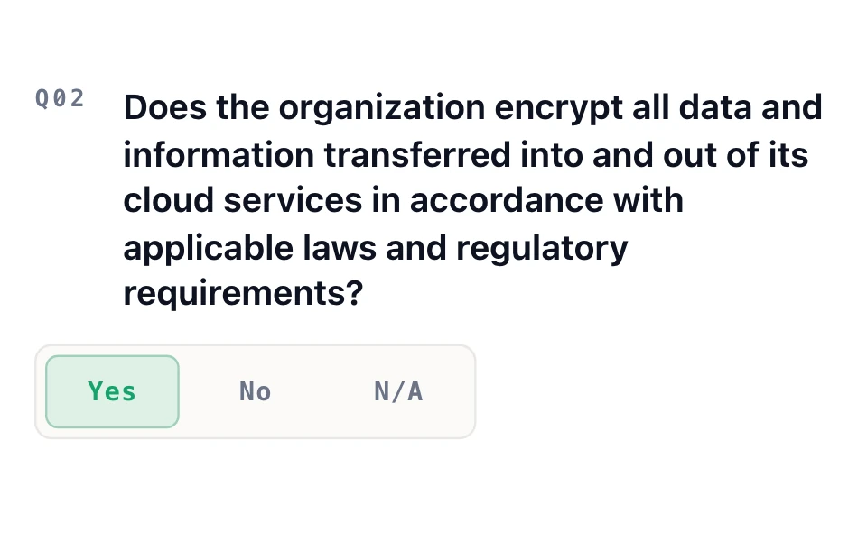 CCC assessment question, “Does the organization encrypt all data and information transferred into and out of its cloud services in accordance with applicable laws and regulatory requirements?”, answered Yes.
