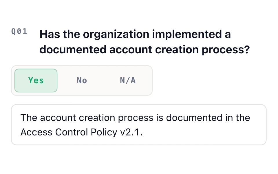 CMMC Level 1 assessment question, “Has the organization implemented a documented account creation process?”, answered Yes with a note citing the Access Control Policy.