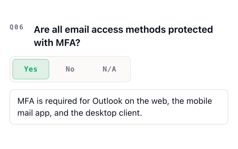 ECC assessment question, “Are all email access methods protected with MFA?”, answered Yes with a note listing where MFA is required.