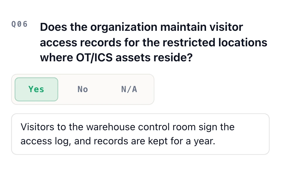OTCC assessment question, “Does the organization maintain visitor access records for the restricted locations where OT/ICS assets reside?”, answered Yes with a note about the control room access log.
