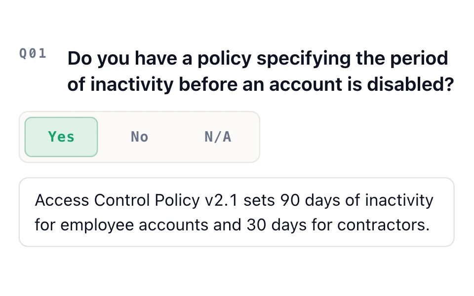 Assessment question answered Yes, with a note citing the Access Control Policy.