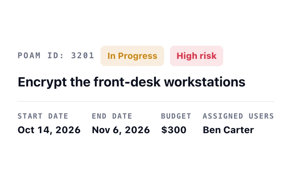 Risk management plan task “Encrypt the front-desk workstations”: in progress and high risk, with its dates, a $300 budget, and its owner.
