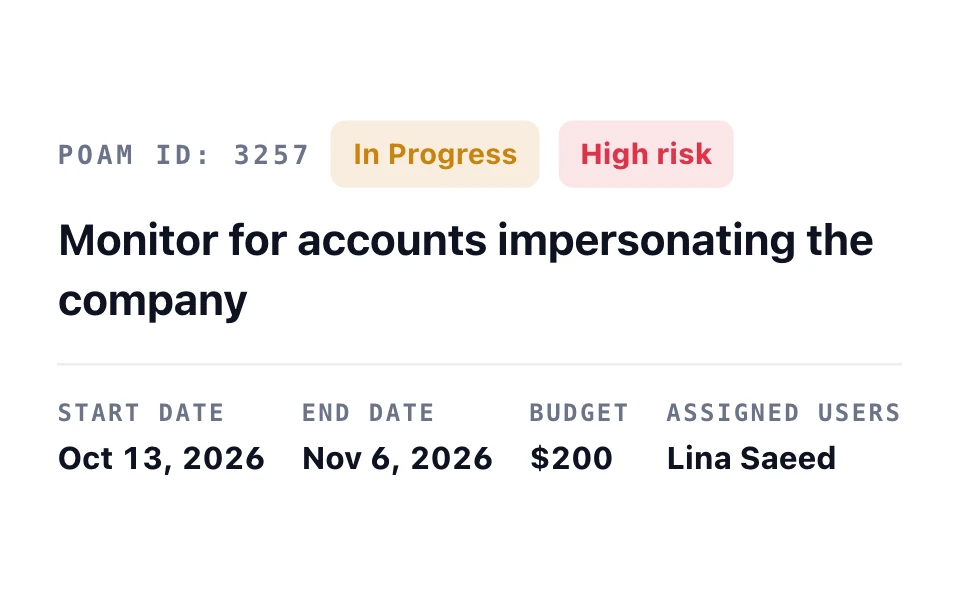 Remediation task “Monitor for accounts impersonating the company”: in progress and high risk, with its dates, a $200 budget, and its owner.