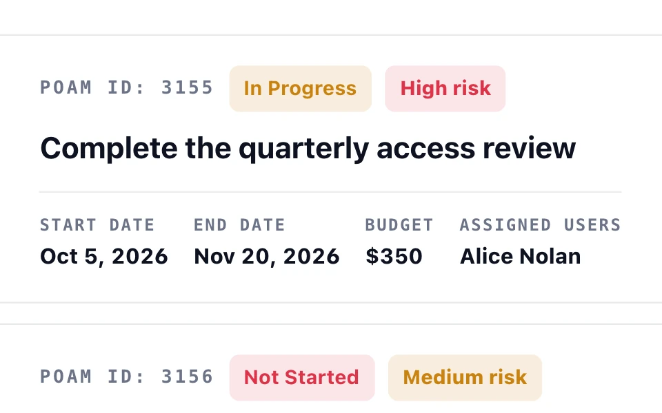 Remediation tasks with risk ratings; the first shows its owner, dates, and a $350 budget.