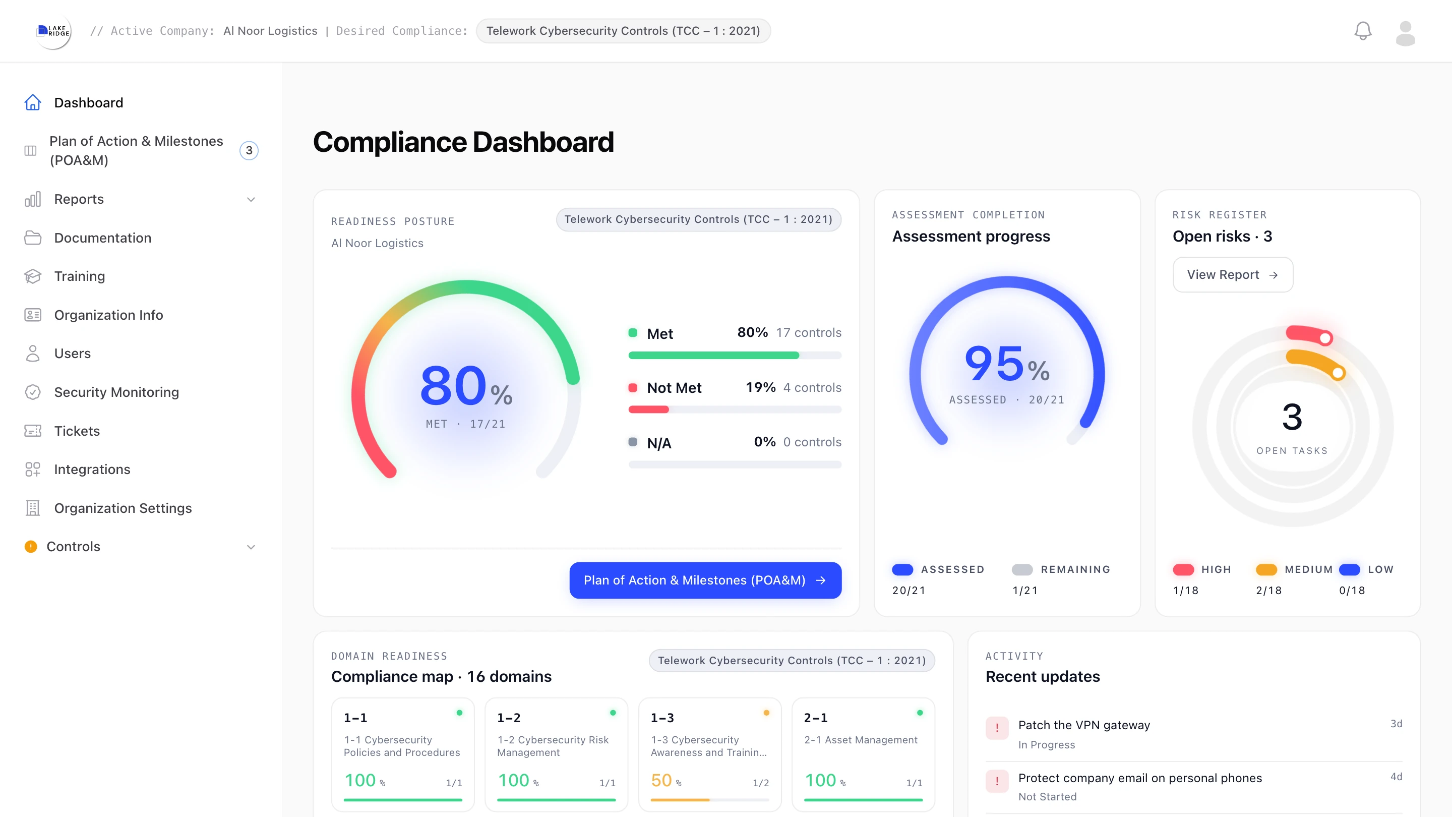LakeRidge compliance dashboard for a demo logistics company on TCC-1:2021: 17 of 21 controls met, 20 of 21 assessed, and 3 open risks.